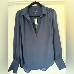 NWT Banana Republic Silky Navy open neck, long sleeved Blouse Size S